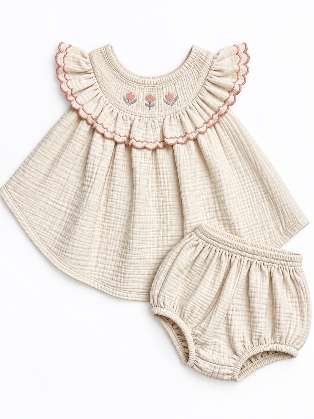 Quincy Mae Cream Ruffle Collar Dress & Bloomers with Pink Floral Trim
